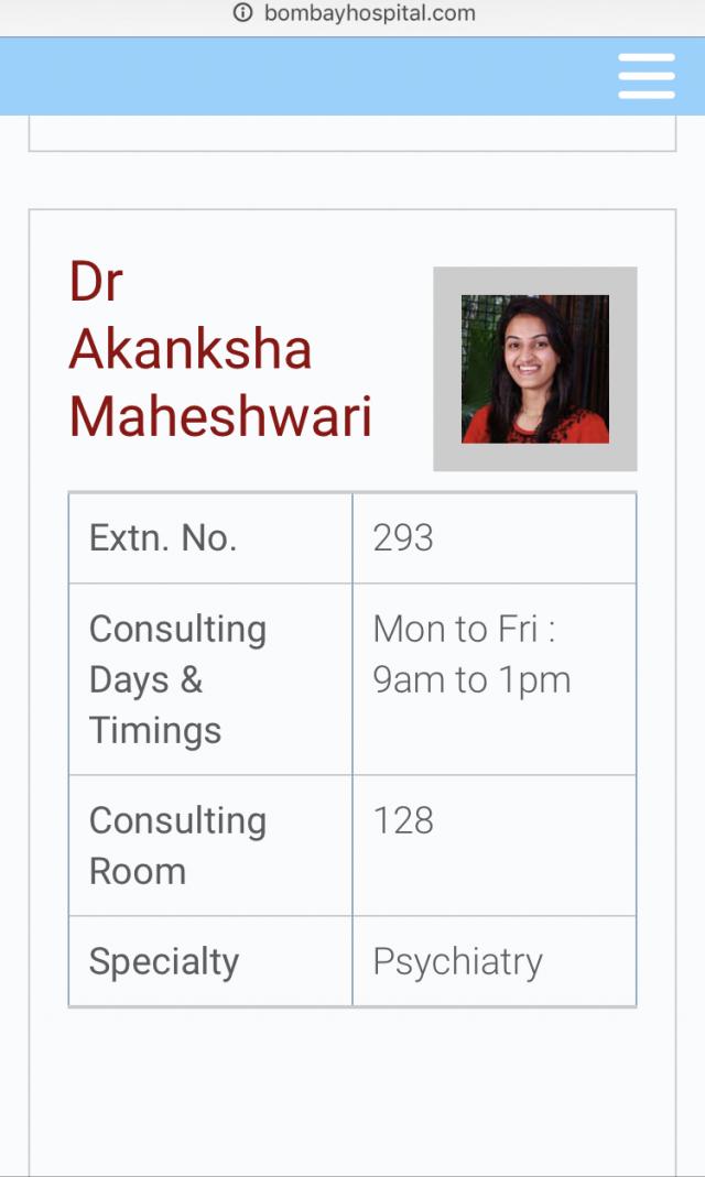 Consultant Psychiatrist, Bombay Hospital, Mumbai Suppliers in Mumbai India
